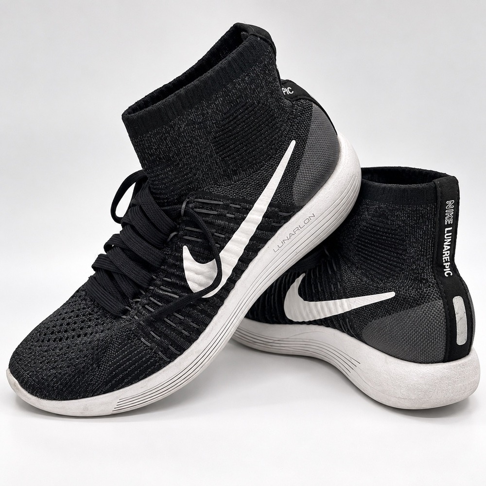 Nike LunarEpic Flyknit Womens 8.5 Black White Running Shoes 818677-007 High Top